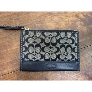 Coach Signature Canvas & Leather Black Mini Skinny ID Card Coin Keychain Wallet